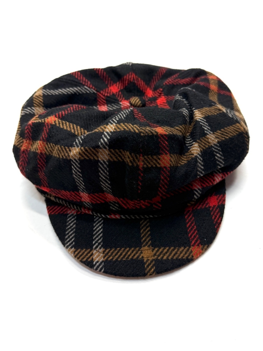 Vintage 80s Liz Claiborne Black Plaid Wool Blend Newsboy Cap Hat